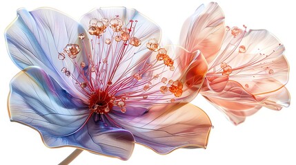 Capture the side view of an exotic, iridescent rare floral species with translucent petals and intricate, vibrant stamens Show the delicate interplay of light and shadow