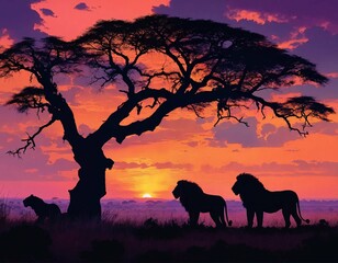 silhouettes of lions under sunset 