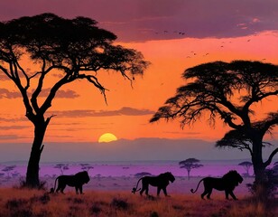 silhouettes of lions under sunset 