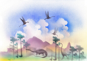 Blurred silhouettes of prehistoric jungle. Pterodacty is soar in the sky over the mountains and forest © SERHII