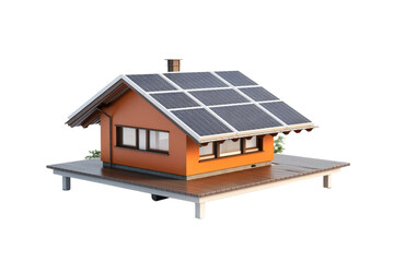 A small orange house with a slanted roof and a chimney. The roof is covered with solar panels