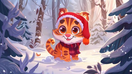 The cute tiger is holding a banner with a Merry Christmas greeting. A wild funny kitten is in the forest with trees around him. Cartoon illustration of an animal cub while holding a greeting card for