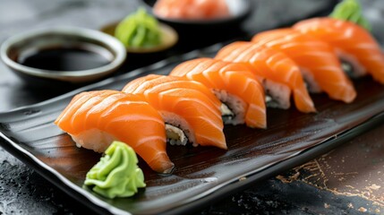 salmon sushi on a black plate with sauce and wasabi