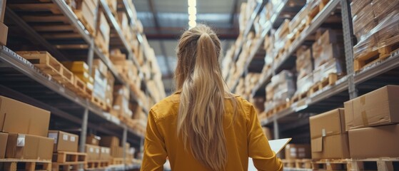 Fototapeta premium The woman in the background checks inventory, writes on her laptop's clipboard app while working in a warehouse storeroom surrounded by rows of shelves lined with packages that are waiting to be