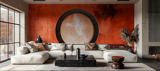 Modern minimalist living room with low-profile sofa, black marble coffee table, and abstract wall art