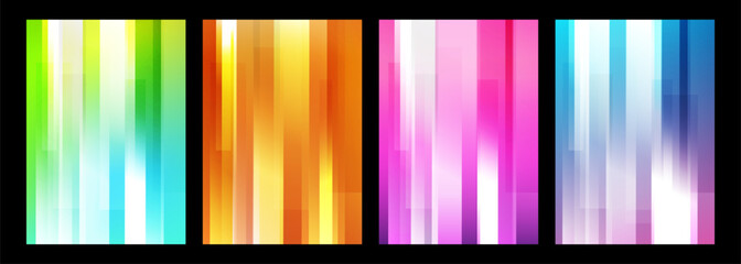 Blurred bright colored abstract backgrounds with vertical dynamic lines. Futuristic defocused vibrant color gradients for creative graphic design. Vector illustration.