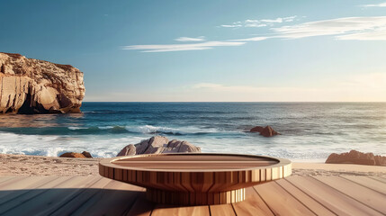 Fototapeta premium Wooden podium for display product, placed on a pristine white beach, with the serene ocean backdrop enhancing the product's simplicity. Generative AI