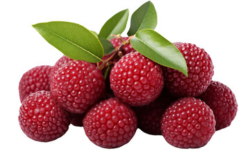 A bunch of red raspberries with green leaves on top. The raspberries are small and round, and they are piled on top of each other. The leaves are green and add a pop of color to the image - Powered by Adobe