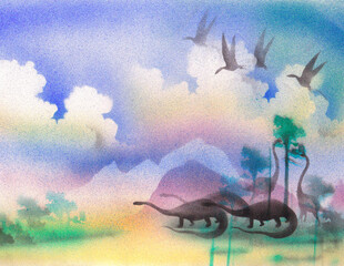 Blurred silhouettes of prehistoric jungle. Pterodacty is soar in the sky over the mountains and forest © SERHII