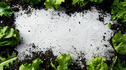 Frame made from organic waste and soil on white grunge background