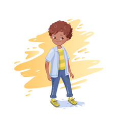 Vector illustration of a smiling dark-skinned boy with curly hair, wearing casual clothes and standing against a yellow background.