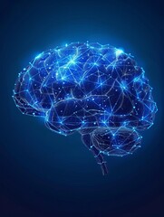 Low polygon brain wireframe mesh on blue background, dark blues lights