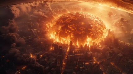 Meteor crashes into a stunning and powerful big city. A shooting star that is still burning and shining brightly. It has created an important crater amidst the chaos in the city.