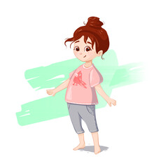 A vector illustration of a young girl with brown hair tied up in a bun, standing barefoot and smiling. wearing a pink T-shirt with a bird graphic and gray pants. The background green brush strokes. 