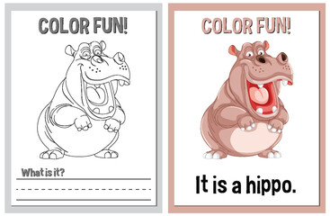 Educational coloring sheets featuring a cartoon hippo