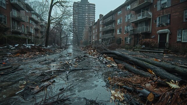 Uprooted trees and storm debris around an urban apartment complex