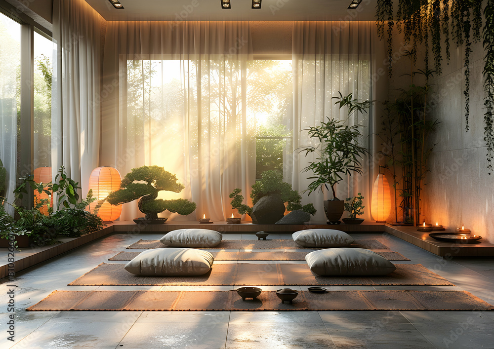 Wall mural serene zen room with tatami mats, bonsai plants, and ambient lighting - Wall murals