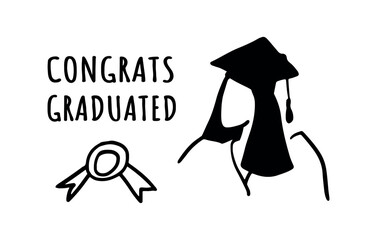 Elements for design of banner, card, poster, diploma or certificate. Graduate of an educational institution in outline cartoon style. Graduate silhouette. Stamp for the certificate.