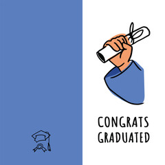 Student's hand with a diploma. A scroll tied with a ribbon. Certificate of academic achievement. Flat illustration in cartoon style. Postcard with congratulations on the graduation.
