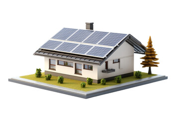 A house with a solar panel on the roof. The house is white and has a green tree in front of it