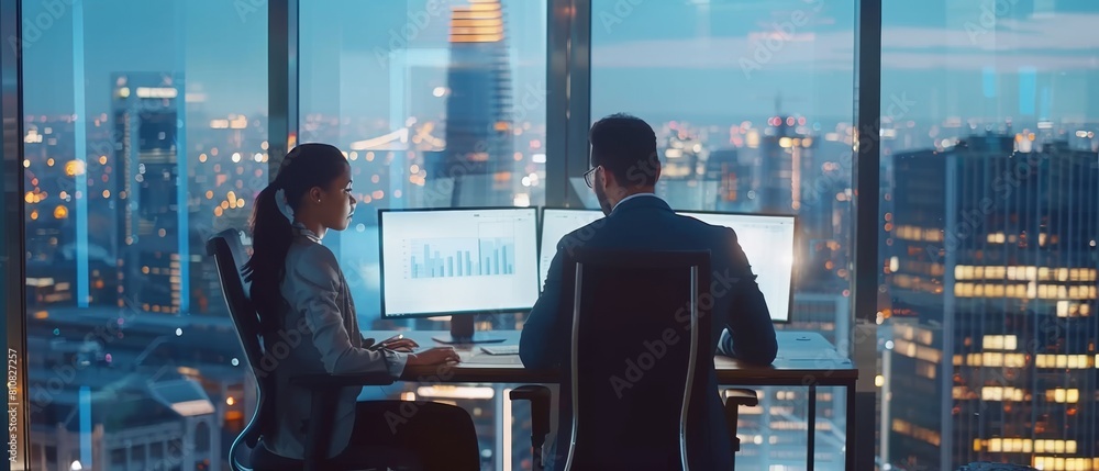 Aufkleber two managers sit behind desks beside a large window with a view of the city as they work on analytic