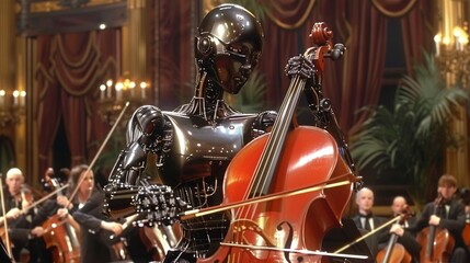 Humanoid robot conducting a robotic orchestra, 3D animated music performance The cello, Concept of classical