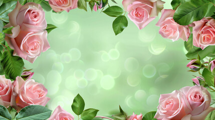 Frame made of beautiful pink roses with leaves on green background