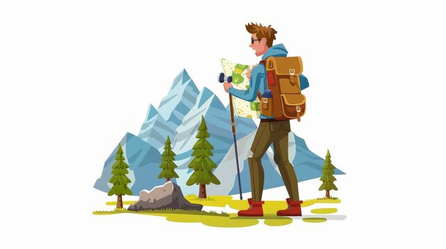 hiker with map walking in mountains clip art preview