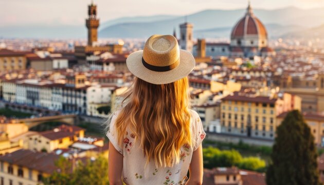 Giovane bella donna con cappello vista da dietro guarda la bellissima citt&agrave; di Firenze, vista panoramica, Italia
