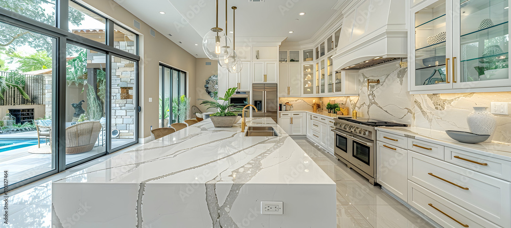 Wall mural Sleek kitchen with quartz countertops, gold hardware, and glass cabinetry