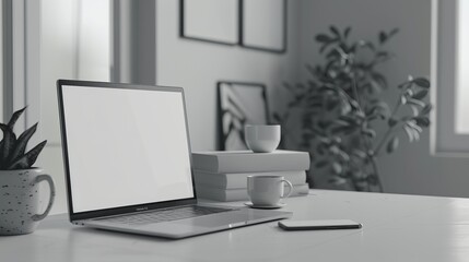 Obraz premium In this close-up view, a modern white workspace is depicted, featuring a laptop with a blank screen mockup. Alongside the laptop, there's a book, a coffee cup, and decorative items neatly arranged