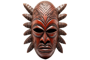 A wooden mask with feathers on it. The mask is brown and has a feathery design