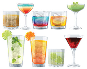 Vector illustrations of various cocktail glasses