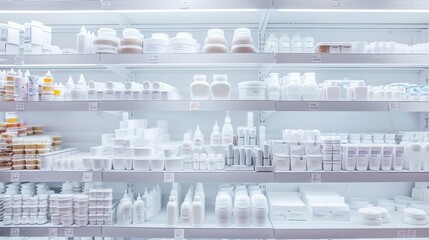 In a close-up shot of a white supermarket shelf, the clean and minimalist design of the shelving unit is highlighted. The shelves are neatly arranged and well-lit, providing an inviting display space 