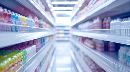 In a close-up shot of a white supermarket shelf, the clean and minimalist design of the shelving unit is highlighted. The shelves are neatly arranged and well-lit, providing an inviting display space 