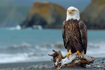 Impressive bald eagle standing on driftwood, with a powerful gaze overlooking a beach landscape