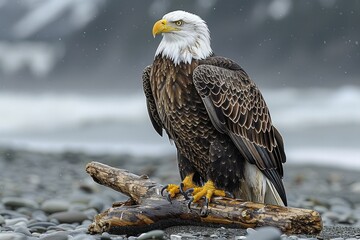 Majestic bald eagle perched stoutly on driftwood against a backdrop of snowflakes and a pebbled shore
