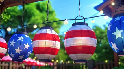 Memorial Day Decorations Making Paper Lanterns In Patriotic Colors To Hang From Trees Or Pergolas, Illuminating The Outdoor Space., Background