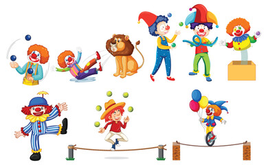 Various circus performers and clowns in dynamic poses