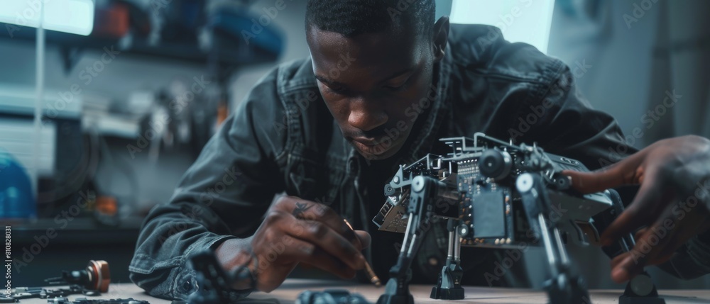 Poster a close up portrait of an african american robotics engineer setting up a robot dog prototype, using