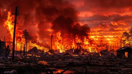 Fires, buildings, mass destruction and chaos. climate change catastrophe