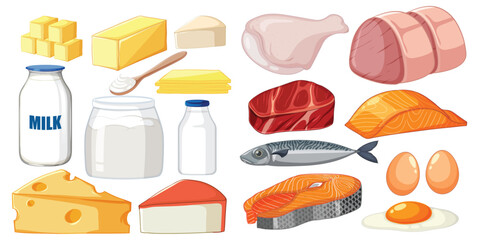 Vector illustrations of dairy and meat products