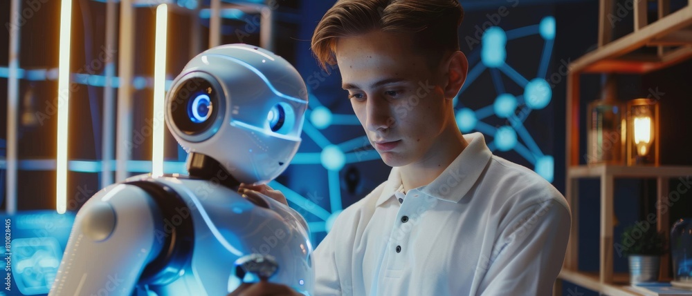 Poster a young system administrator tests online internet connectivity with a prototype artificial intellig