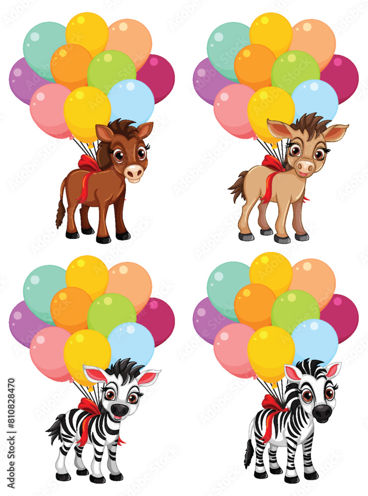 Sticker Cartoon donkey and zebra lifted by vibrant balloons