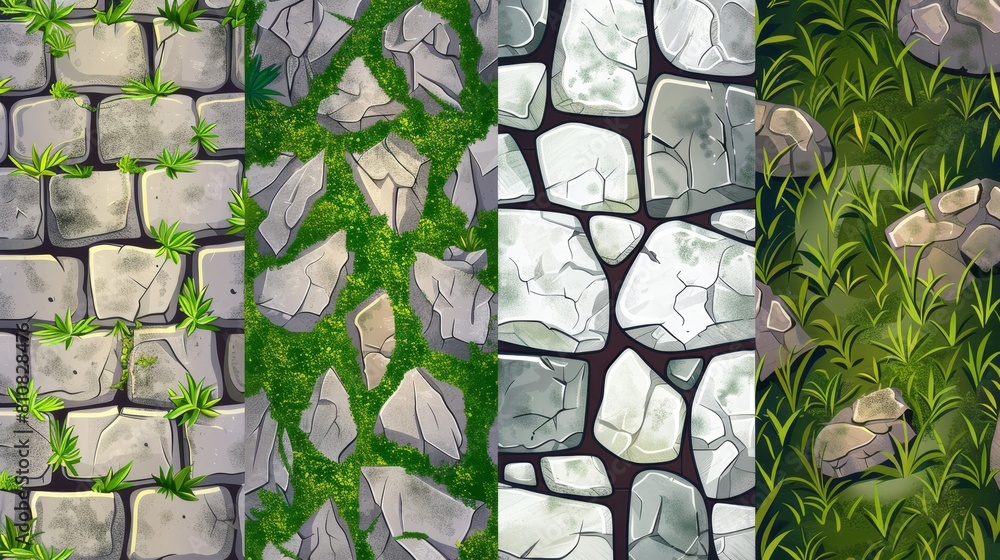 Poster an image of a stone floor and wall with green moss for a game background. print or download a seamle