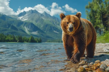 Obraz premium A majestic wild brown bear strides alongside a river, with lush greenery and majestic mountains in the background, depicting raw nature