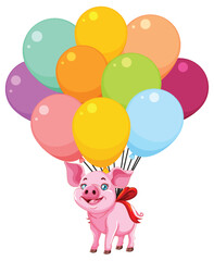 A cheerful pig holding a bunch of balloons