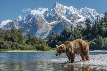 A solitary bear walks along a riverbank with towering snow-covered mountains providing a dramatic backdrop to the scene