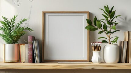 The mockup presents an empty picture frame elegantly placed on a shelf adorned with books and porcelain vases filled with plants. 