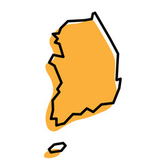 South Korea country simplified map. Orange silhouette with thick black sharp contour outline isolated on white background. Simple vector icon
